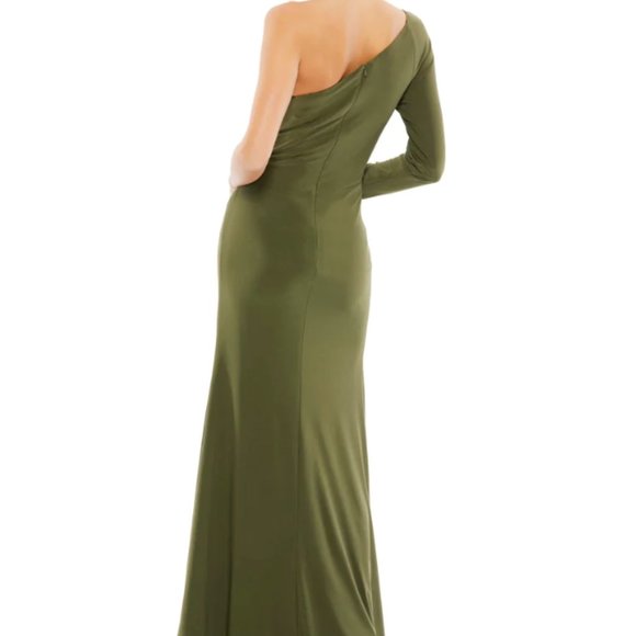 MAC DUGGAL55696 ONE SLEEVE BEADED CUFF SIDE TWIST OLIVE GOWN sz 12 - Picture 2 of 6